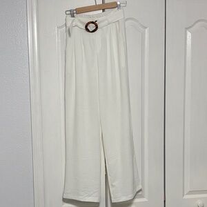 High-Waist Paperbag Wide-Leg Pants with Tortoiseshell Buckle - Cream